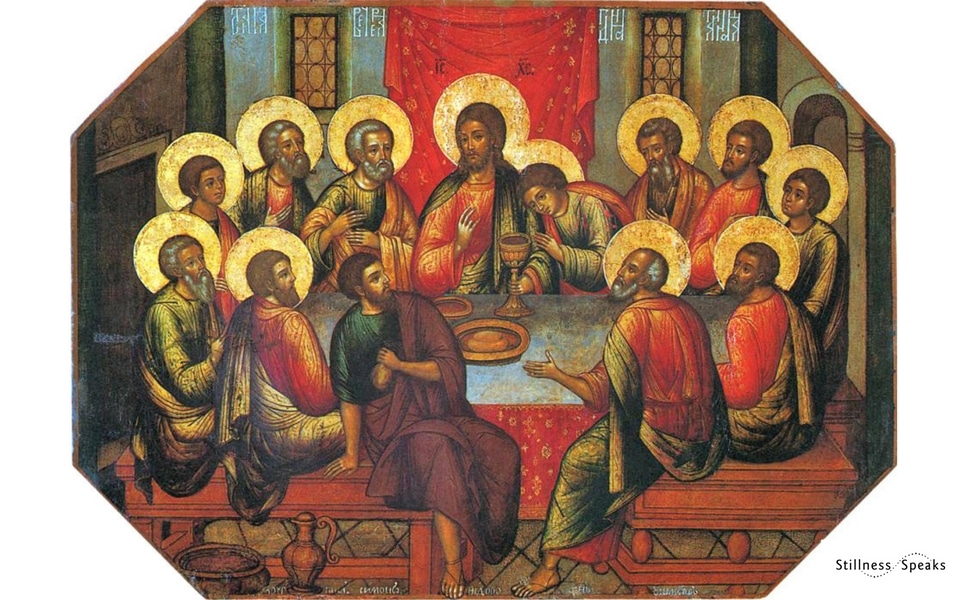 the last supper Jesus and saints with halos